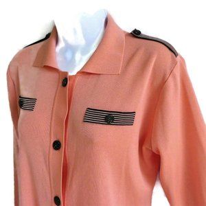 Exclusively Misook Shirt Knit Salmon Button Black Crystals Striped Shoulder Tabs